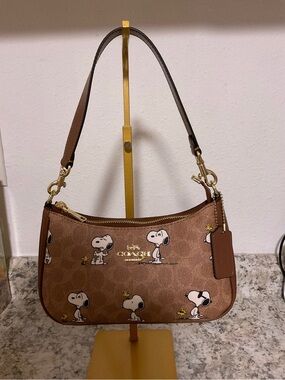 Coach Brown Signature Snoopy Shoulder Bag with Gold Hardware